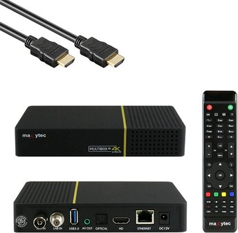 Maxytec Multibox SE 4K UHD 2160p E2 Linux WiFi DVB-S2/C Combo Receiver Zwart (✓ WLAN ✓ HDMI 2.0 ✓ USB 2.0 &amp; USB 3.0 ✓ 100Mbit LAN ✓ S/PDIF ✓ MicroSD)